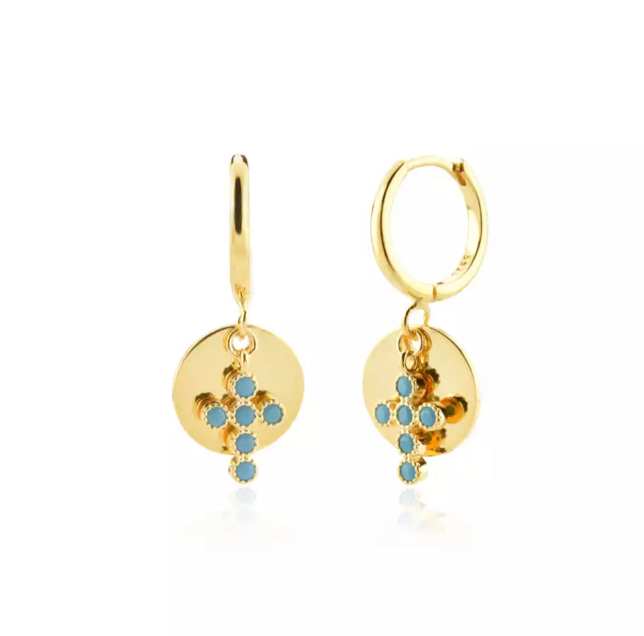 Gold Turquoise Disc Cross Earring