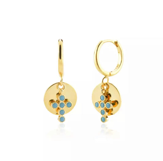 Gold Turquoise Disc Cross Earring