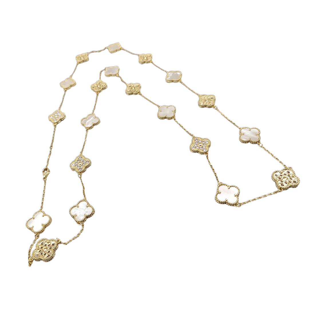 Gold & Pearl Vintage Long Pave Clover Necklace (925)