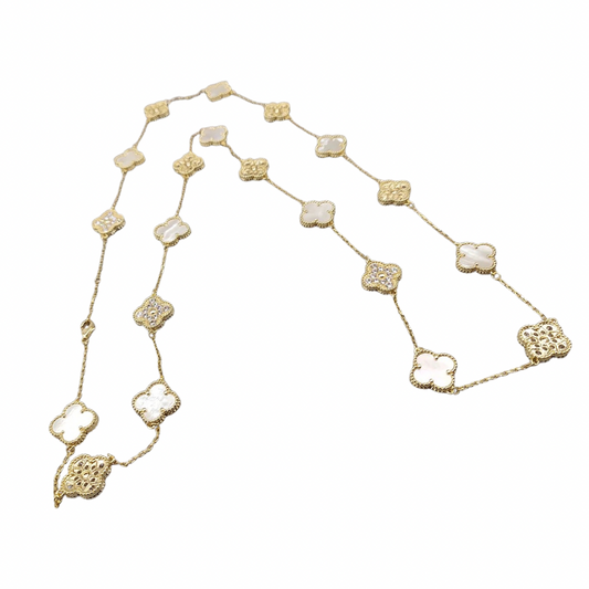 Gold & Pearl Vintage Long Pave Clover Necklace (925)