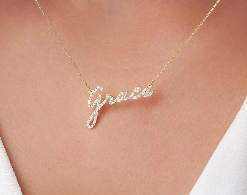 Personalised Charles & Colvard 18k Name Plate Moissanite Necklace