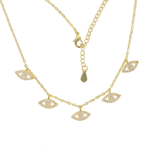 Gold Pave Evil Eye Charm Drop Necklace