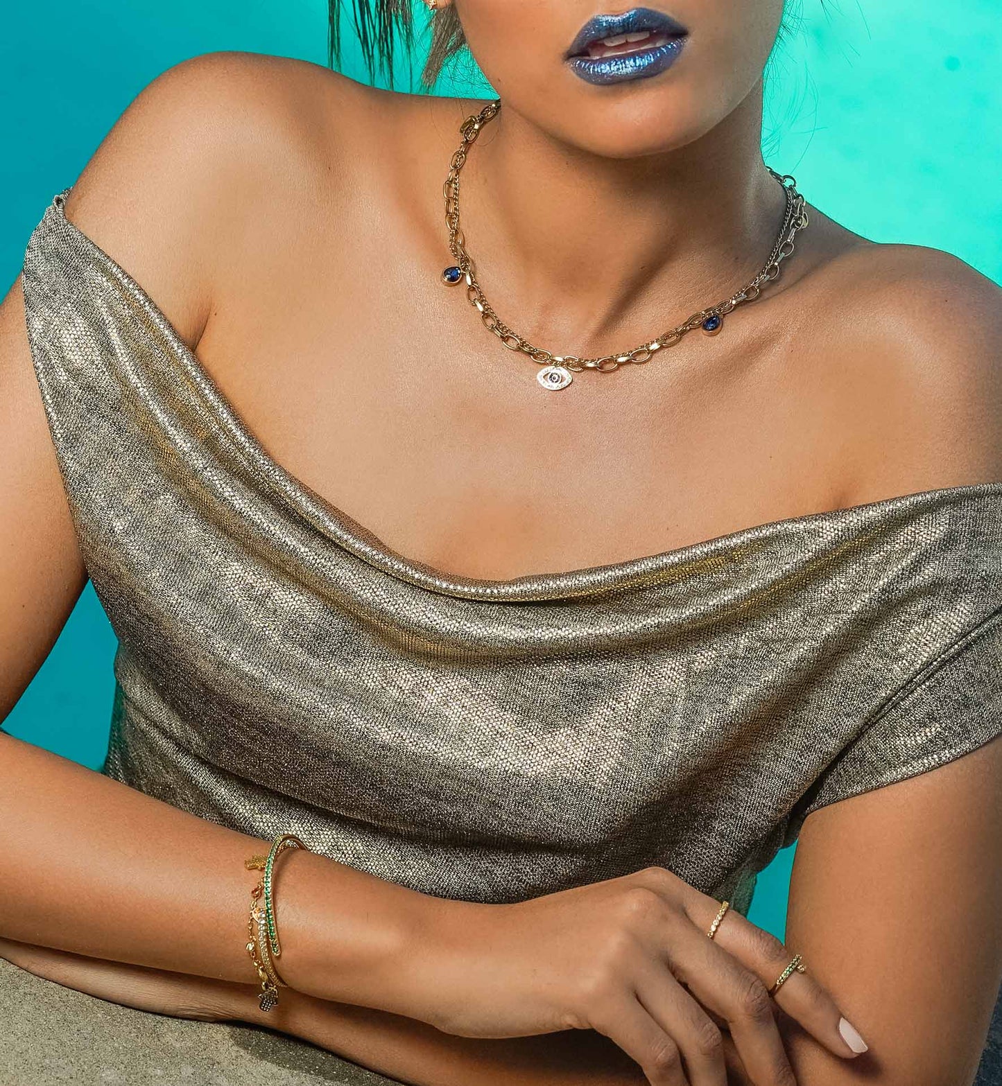 Mishkah Gold Evil Eye Charm Necklace & Bracelet