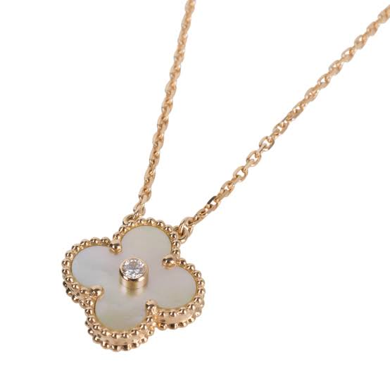 Gold & White Pearl Large Single Stone Clover Pendant  (925)