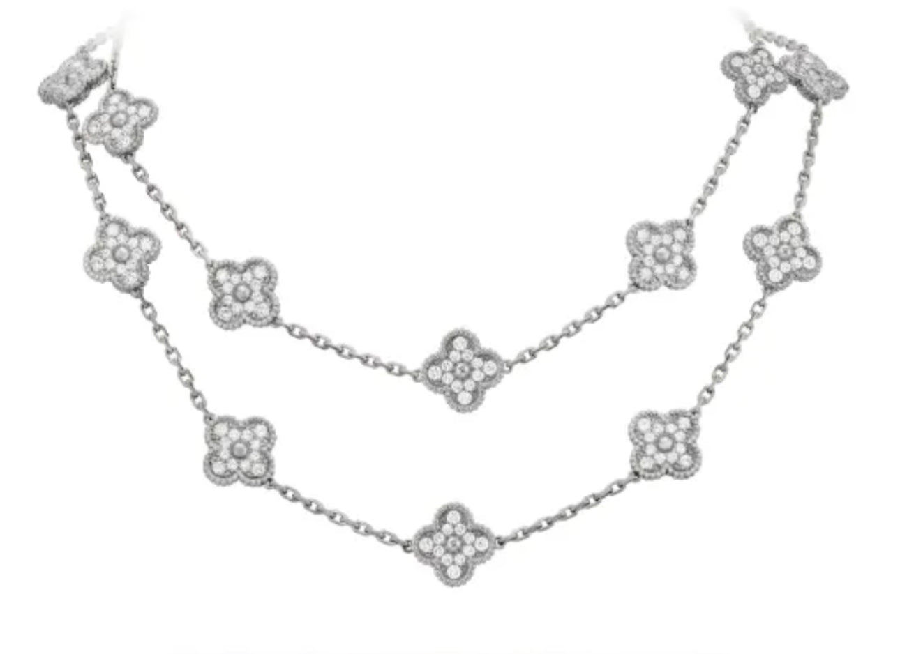Full Silver Vintage Clover Pave Long Necklace