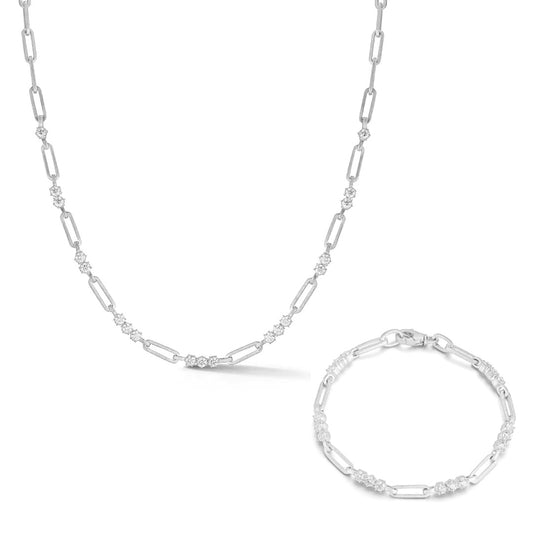 Silver Moissanite Paperclip Luxe Necklace 7TCW & Bracelet (925,Vermeil)