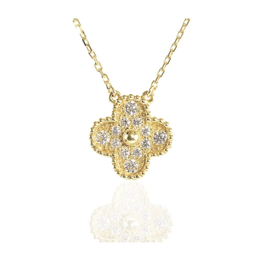 Gold Vintage Pave Clover Pave Pendant Necklace (925)