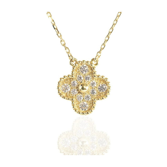 Gold Vintage Pave Clover Pave Pendant Necklace (925)