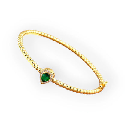Gold & Green Beaded Emerald Pear Halo Bangle