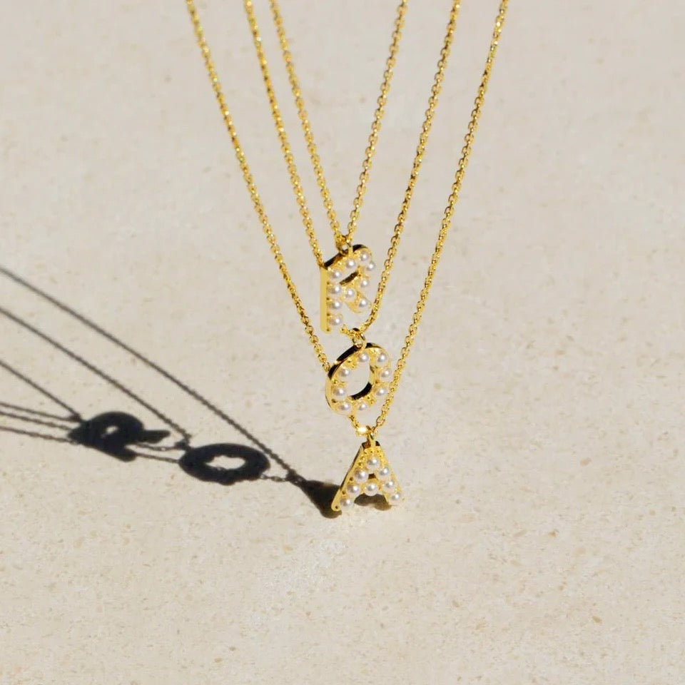 Gold Sweet Pearl Initial Necklace (Stainless Steel)