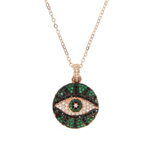 Green & Gold Jaded Evil Eye Necklace (Mix Metal)