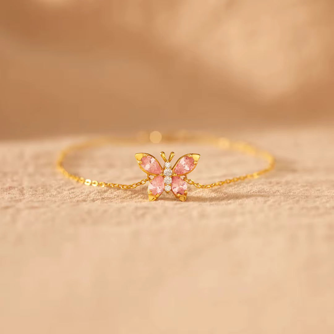 Pink Pear Gold Butterfly Sparkle Bracelet (925, 18k Electroplating)