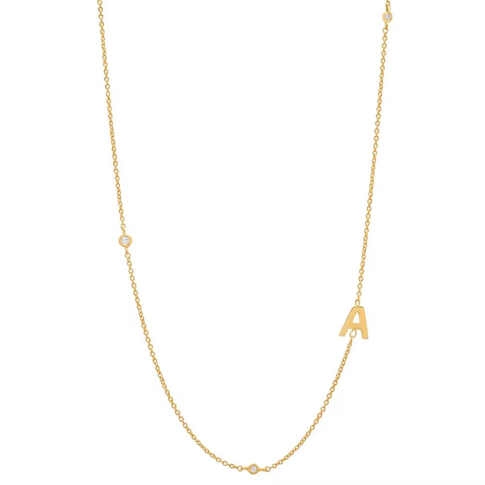 Gold 3 Stone Sideswept Initial Necklace