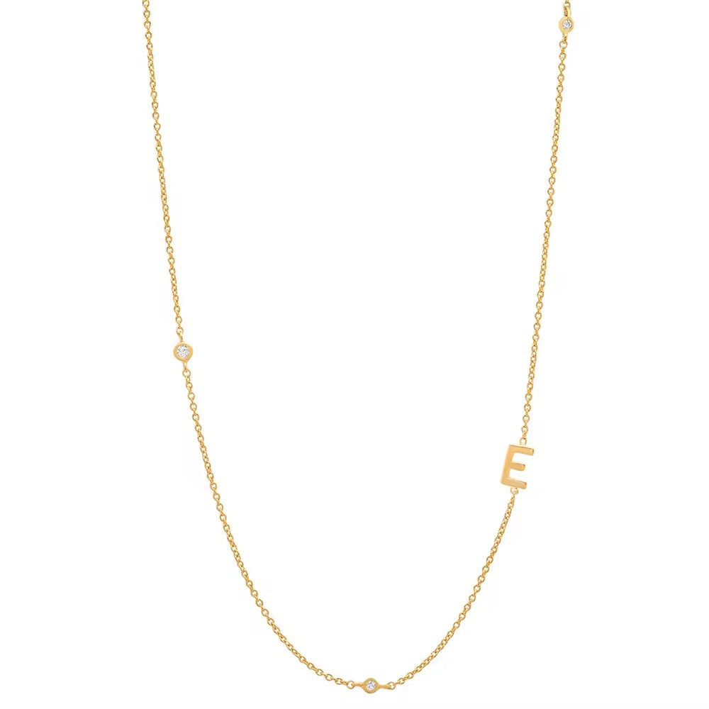 Gold 3 Stone Sideswept Initial Necklace
