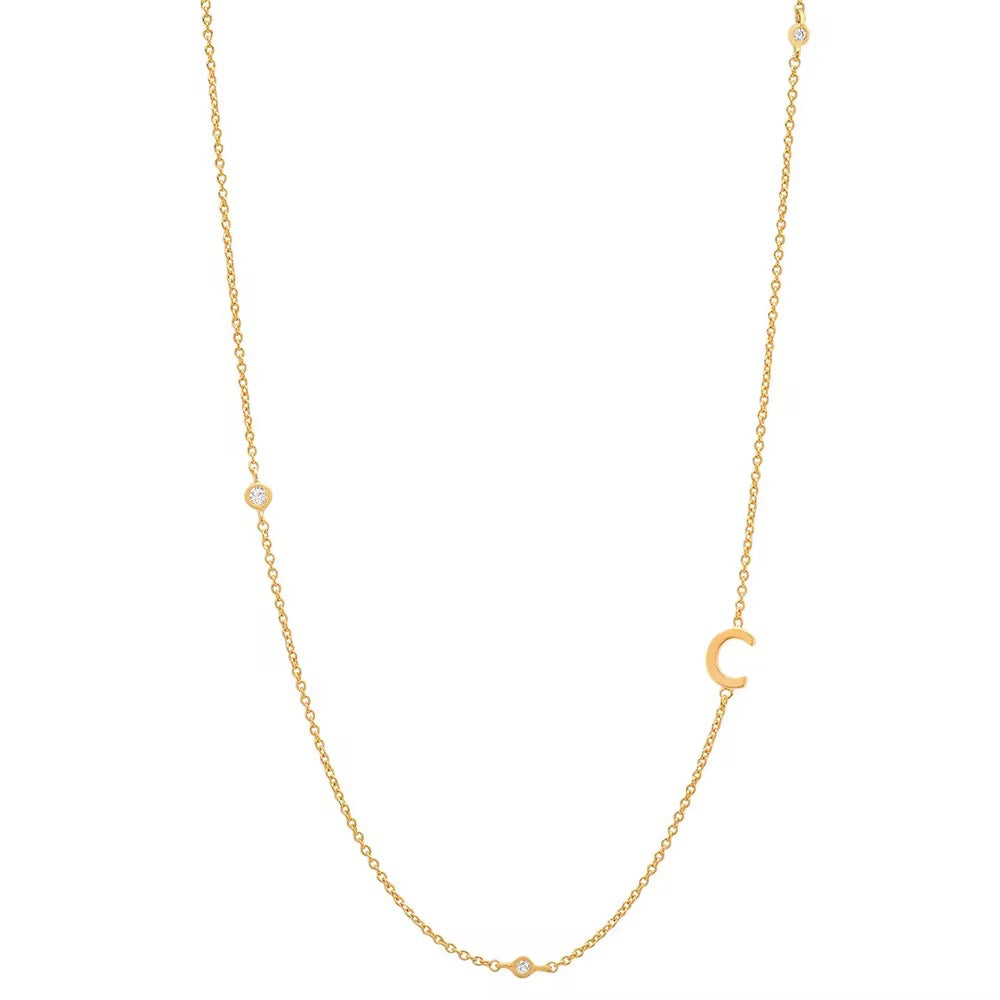Gold 3 Stone Sideswept Initial Necklace