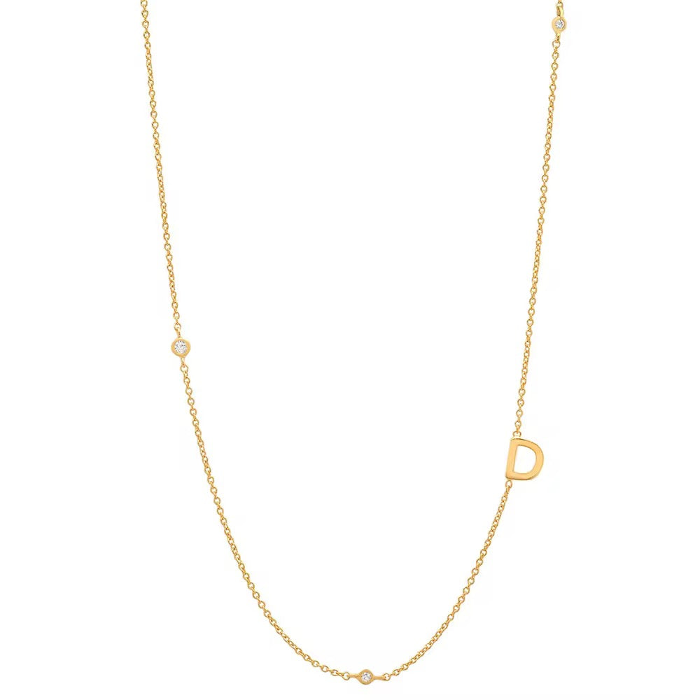 Gold 3 Stone Sideswept Initial Necklace