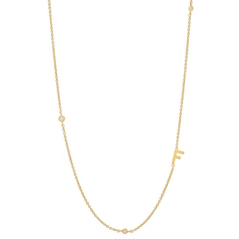 Gold 3 Stone Sideswept Initial Necklace