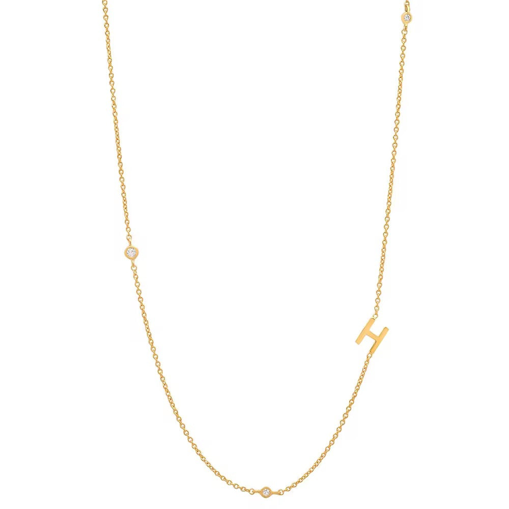 Gold 3 Stone Sideswept Initial Necklace