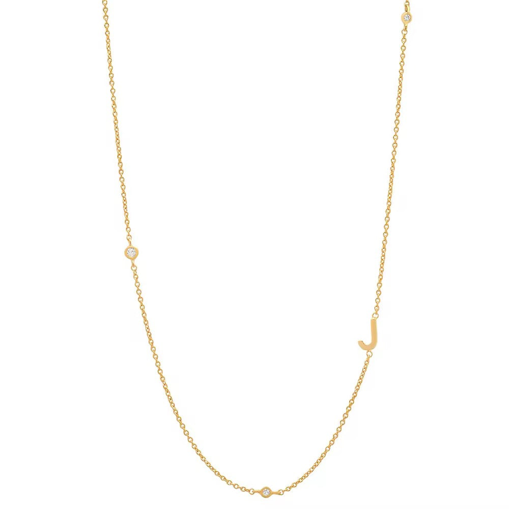 Gold 3 Stone Sideswept Initial Necklace