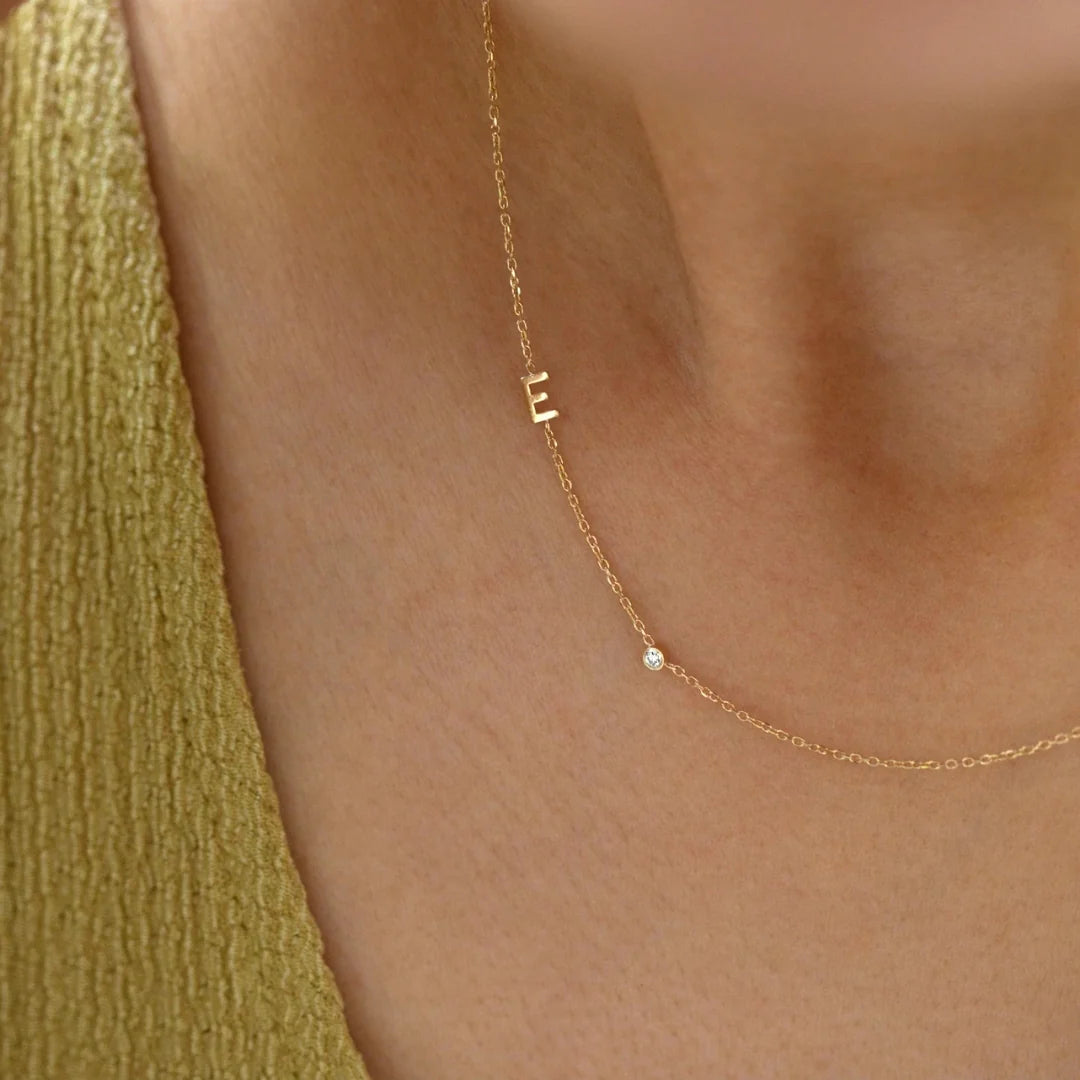 Gold 3 Stone Sideswept Initial Necklace