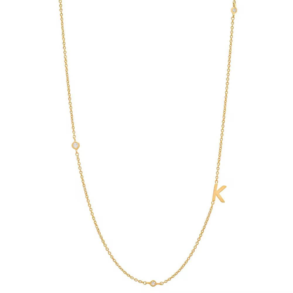 Gold 3 Stone Sideswept Initial Necklace
