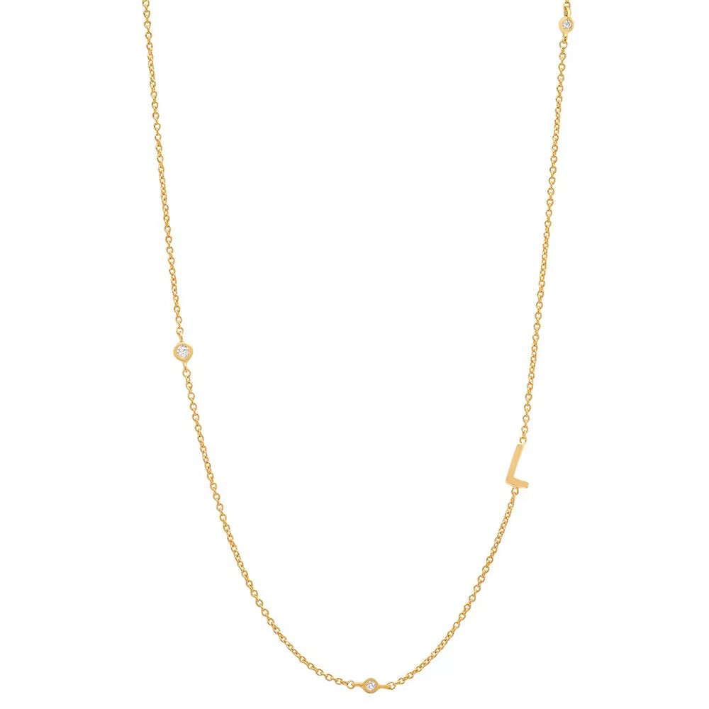 Gold 3 Stone Sideswept Initial Necklace