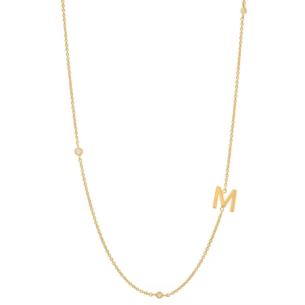 Gold 3 Stone Sideswept Initial Necklace