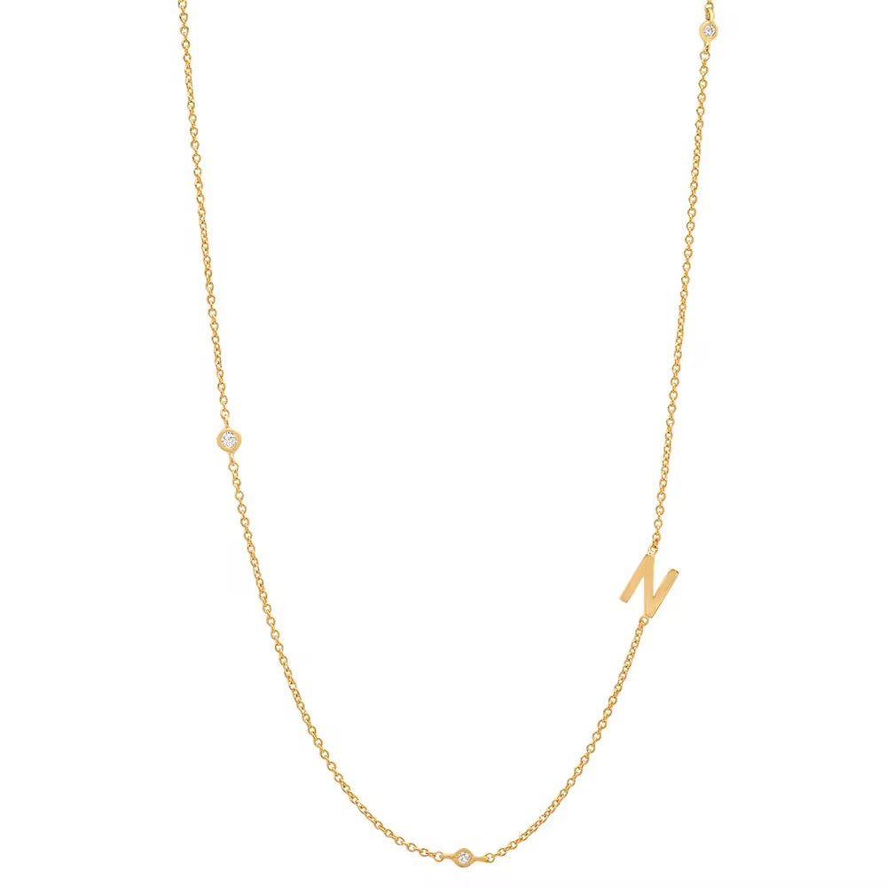 Gold 3 Stone Sideswept Initial Necklace