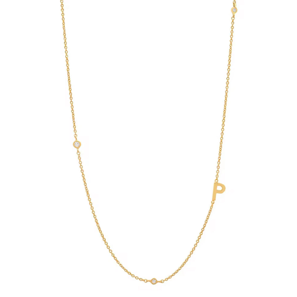 Gold 3 Stone Sideswept Initial Necklace