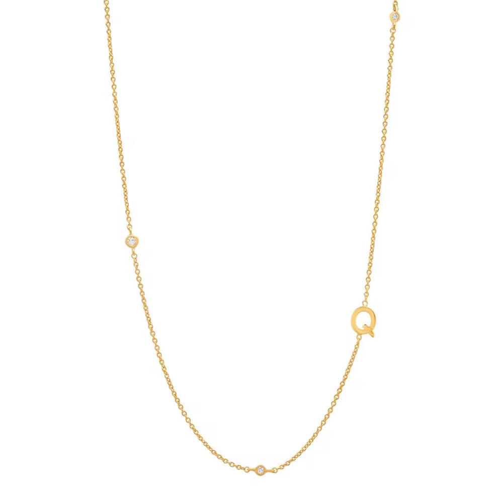 Gold 3 Stone Sideswept Initial Necklace