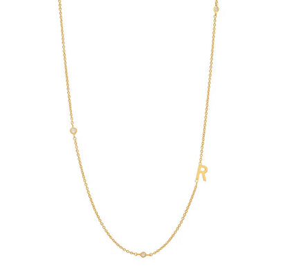 Gold 3 Stone Sideswept Initial Necklace