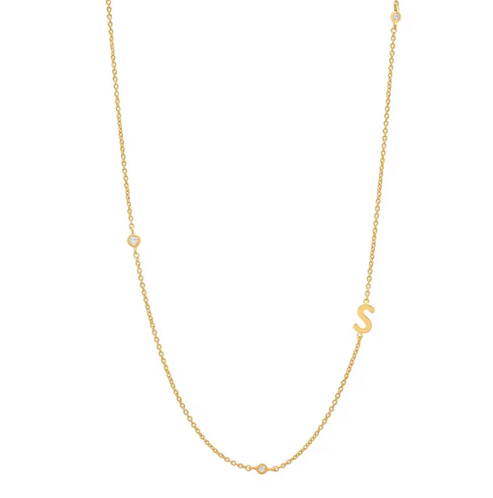 Gold 3 Stone Sideswept Initial Necklace