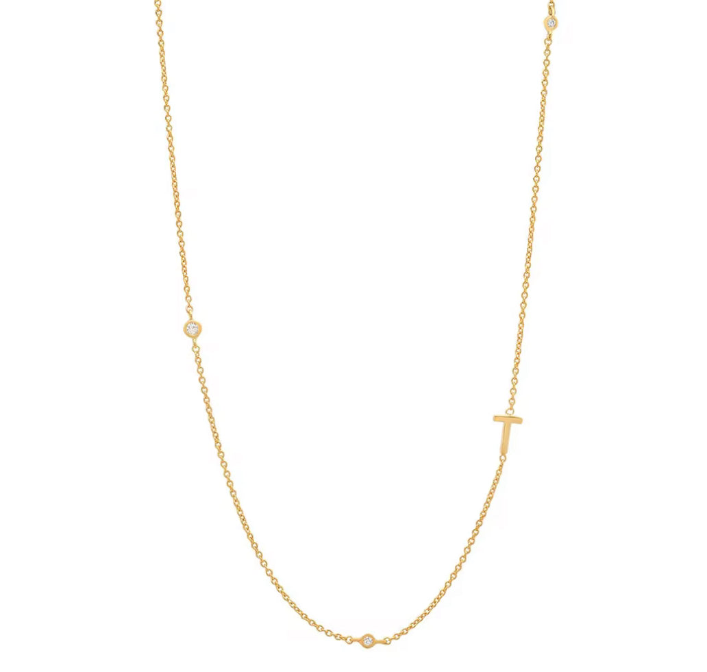 Gold 3 Stone Sideswept Initial Necklace
