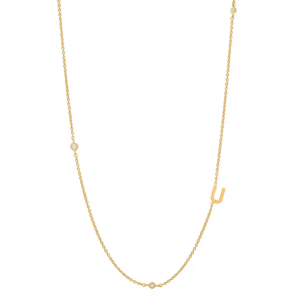 Gold 3 Stone Sideswept Initial Necklace