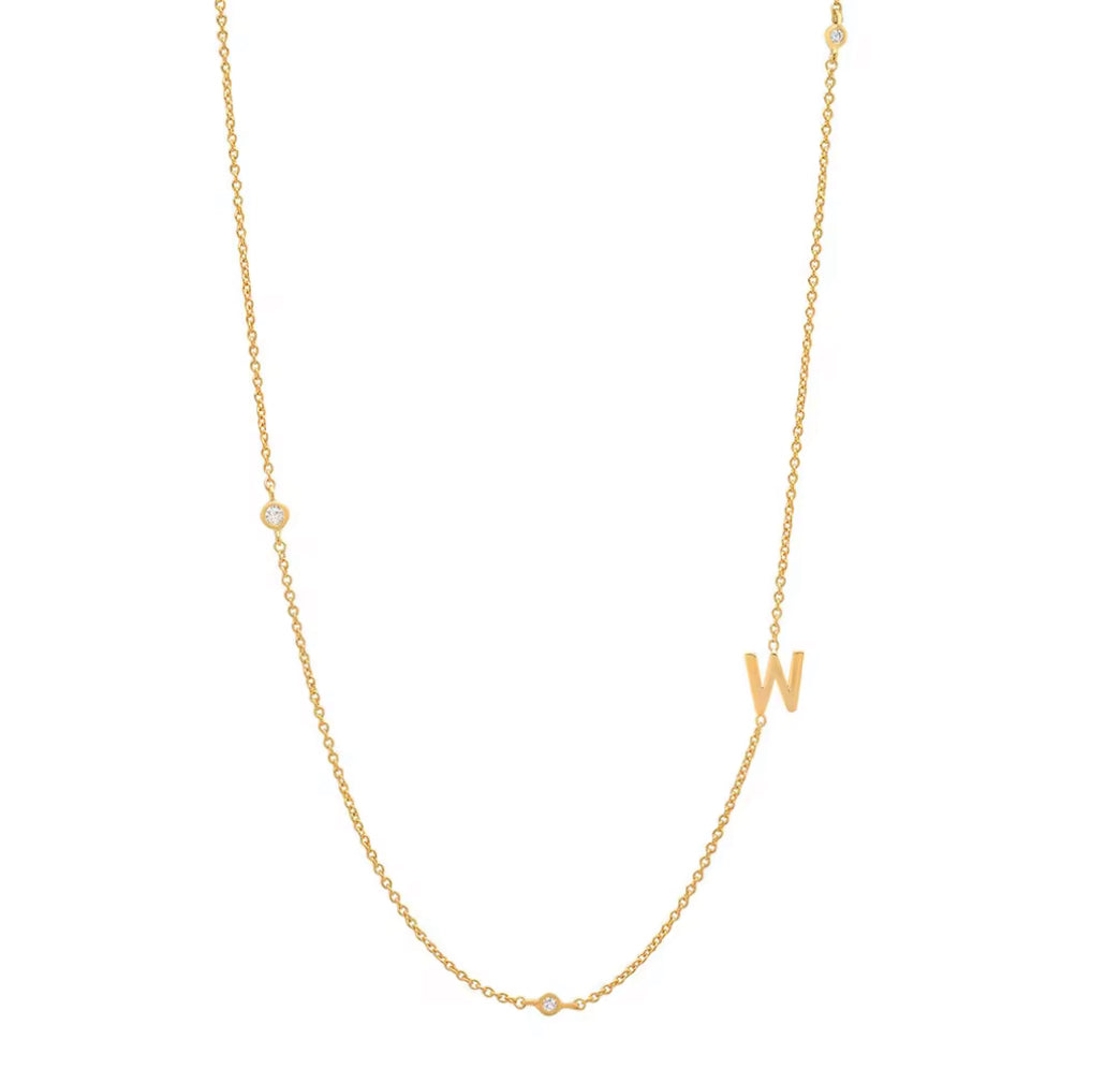 Gold 3 Stone Sideswept Initial Necklace