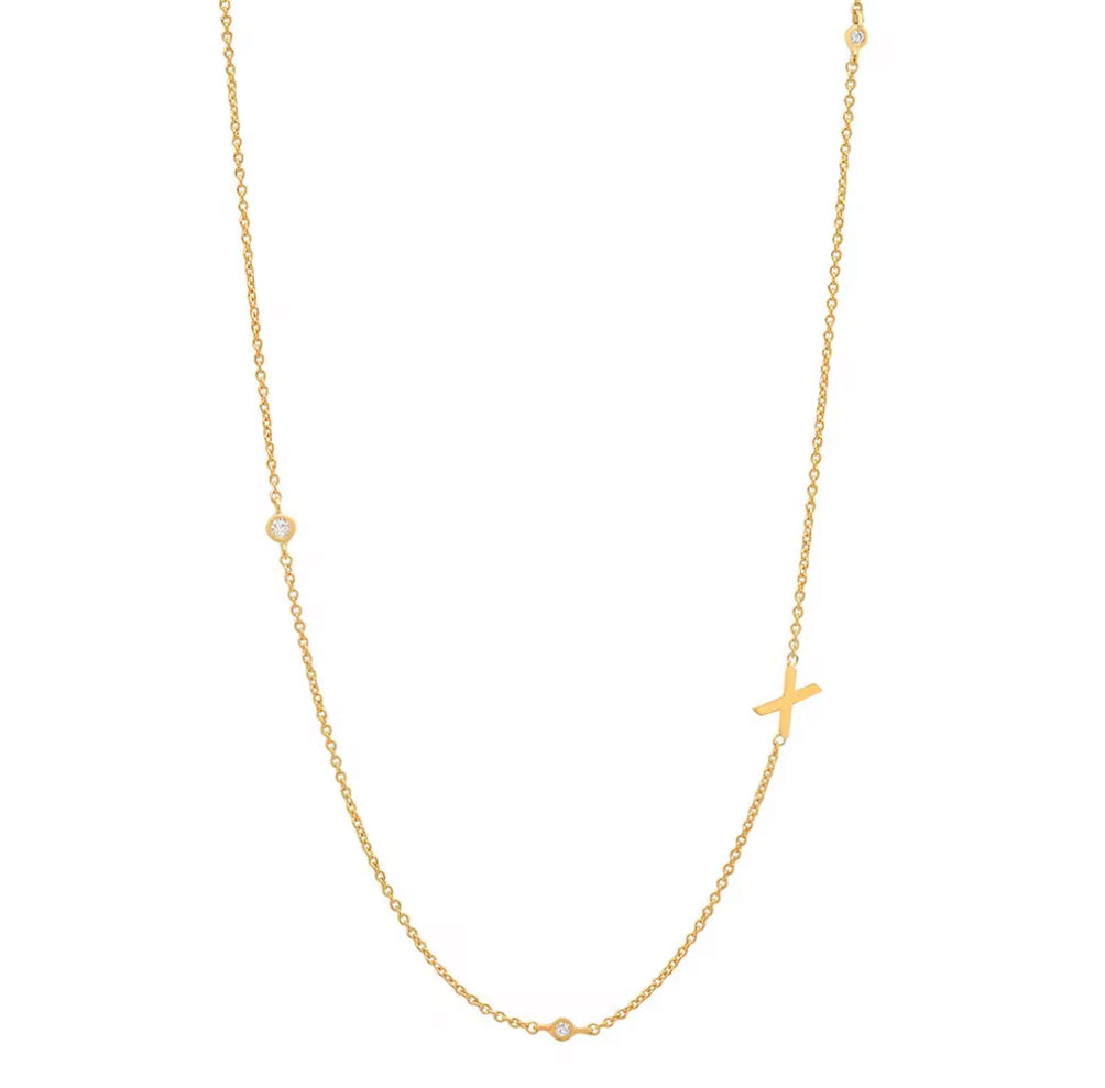 Gold 3 Stone Sideswept Initial Necklace