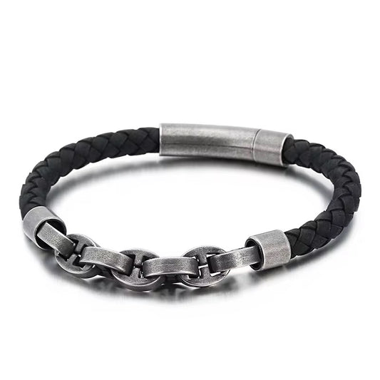 Gun Metal Braided Men’s Leather Bracelet (21cm)