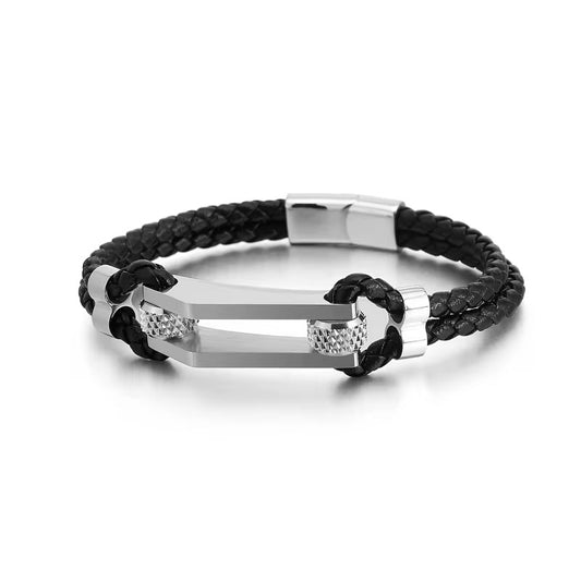 Men’s Leather Silver Alesso Bracelet (21cm)