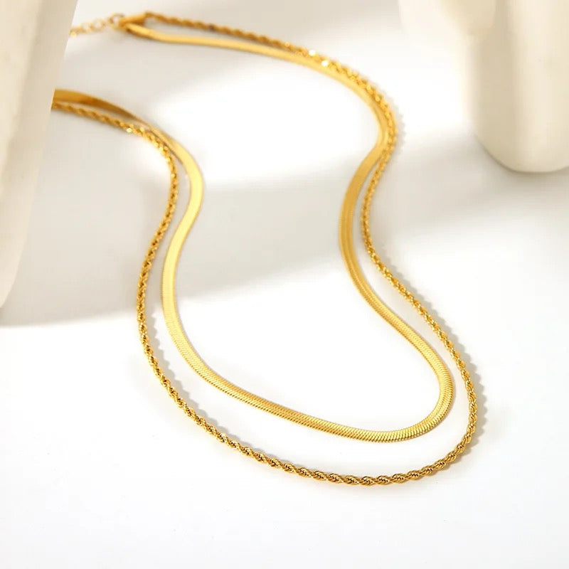 Double Layer Herringbone & Rope Necklace (Gold & Silver)