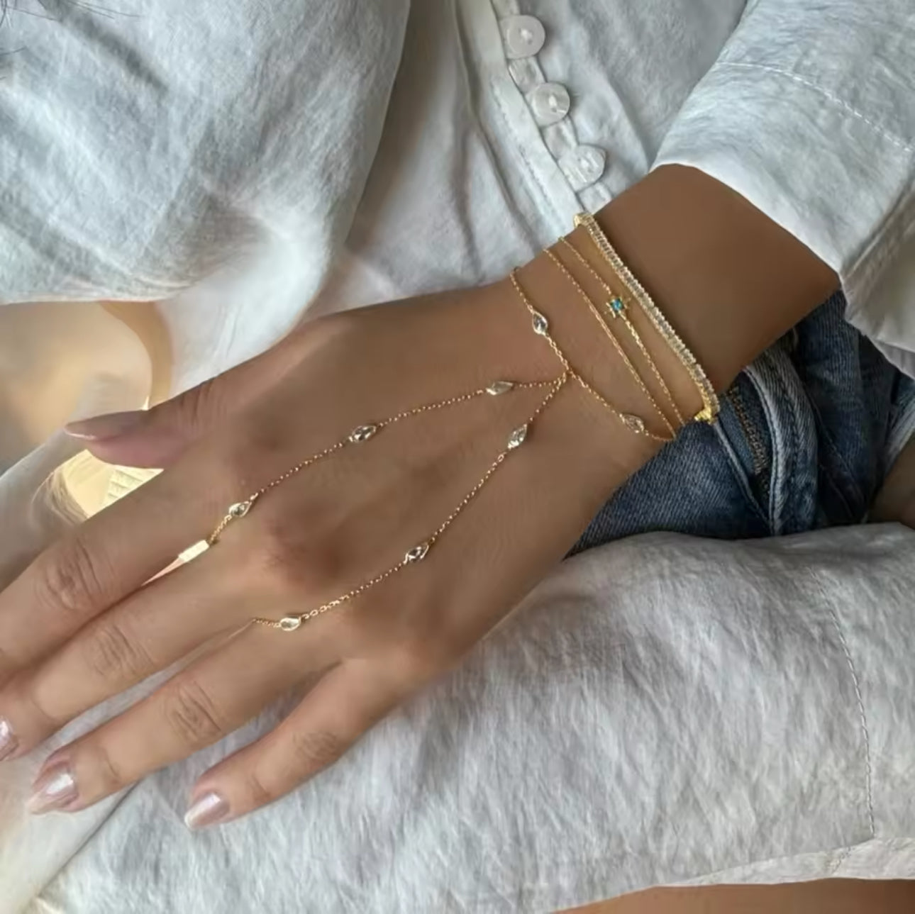 Bezel Hand Chain Ring Bracelet (Gold & Silver)