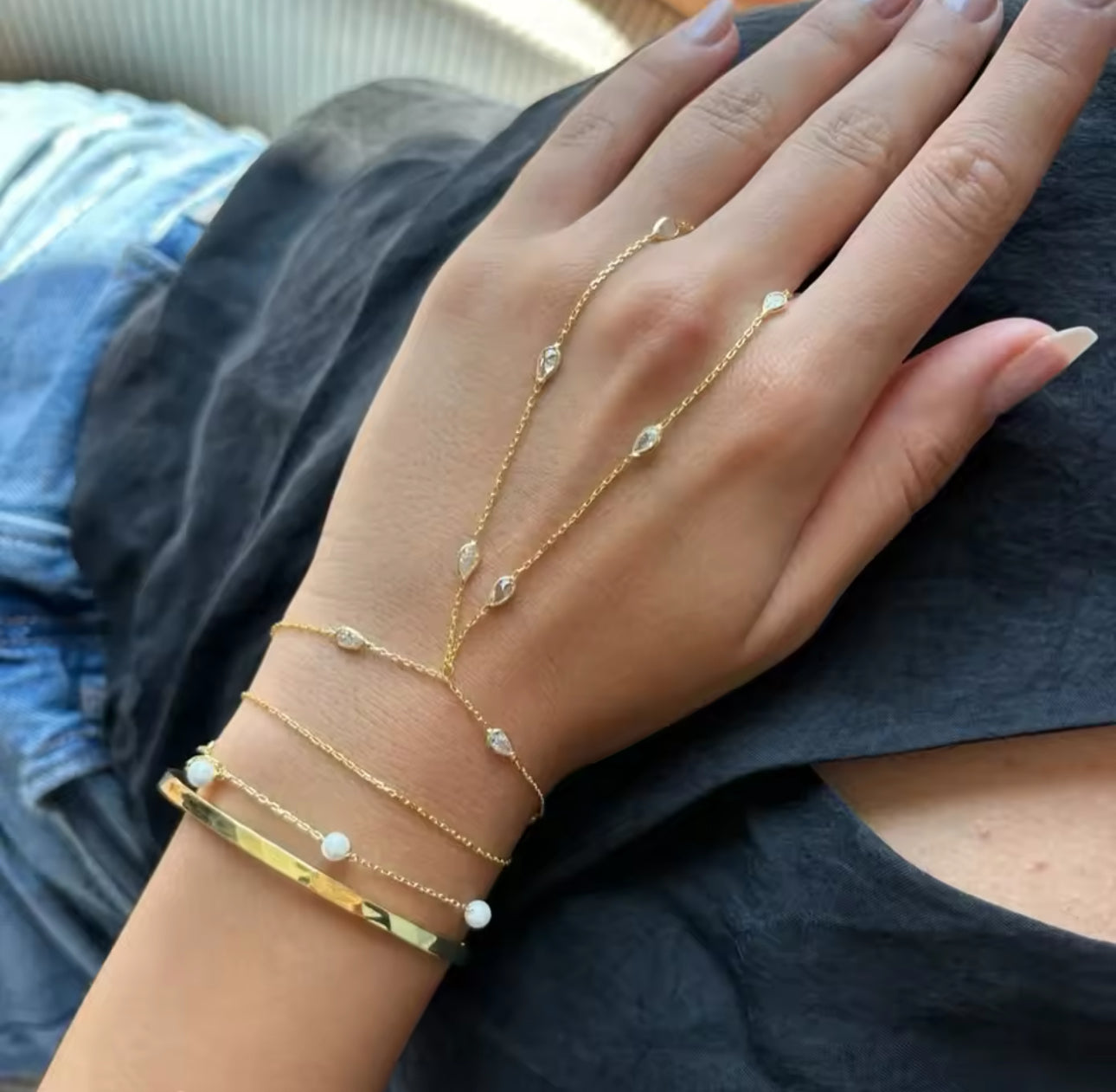 Bezel Hand Chain Ring Bracelet (Gold & Silver)