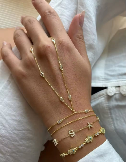 Bezel Hand Chain Ring Bracelet (Gold & Silver)