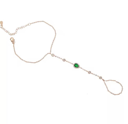 Rose Gold & Green Pear Halo Wrist Finger Bracelet (Mix Metal)