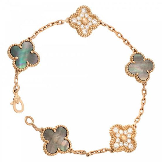 Rose Gold & Grey Pearl Vintage Pave Clover Bracelet (925)