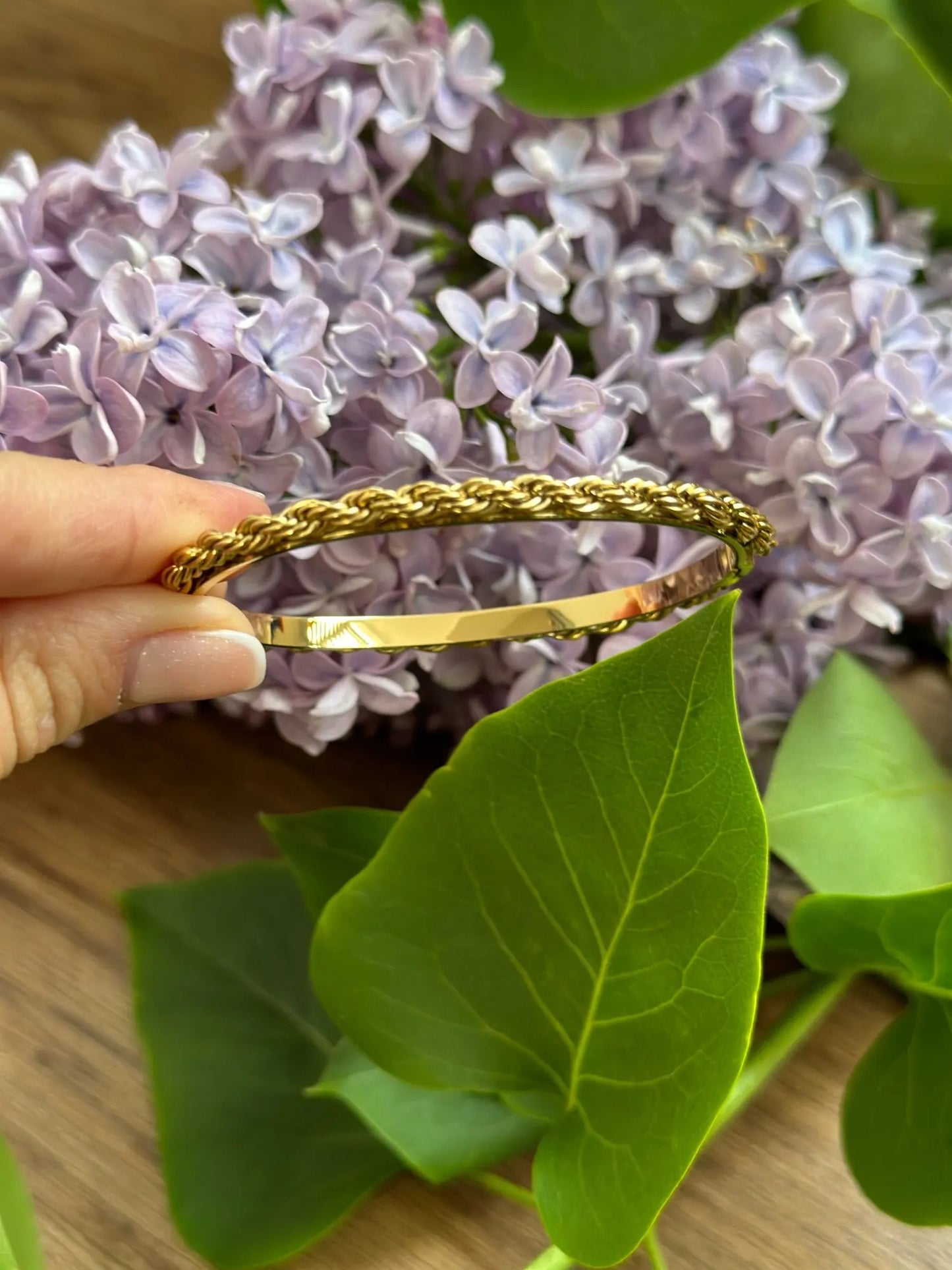 Gold Rope Twist Open Bangle (Stainless Steel)