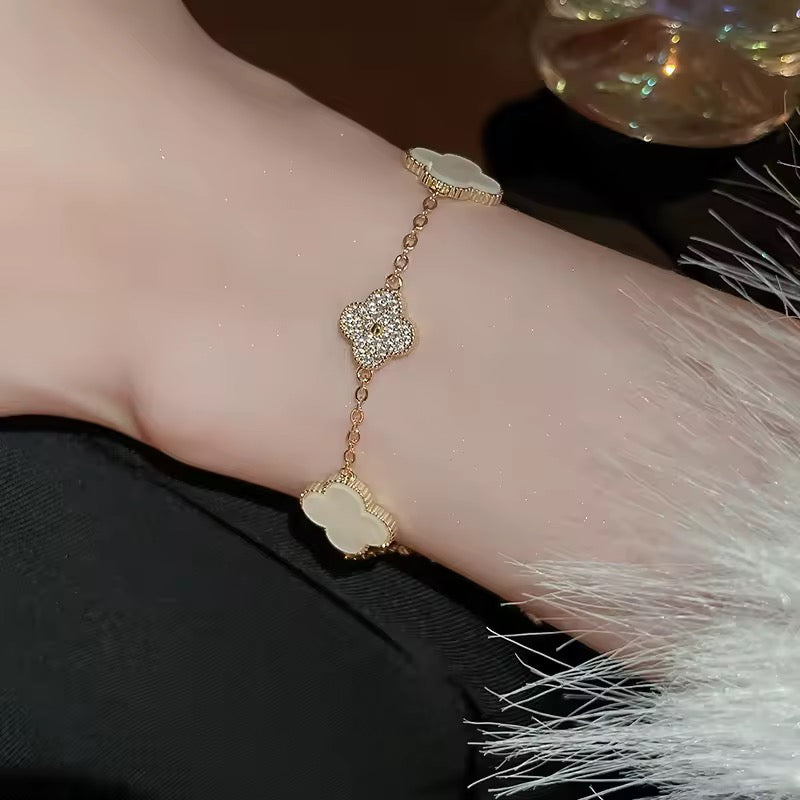 White Pearl Blush Clover Pave Bracelet