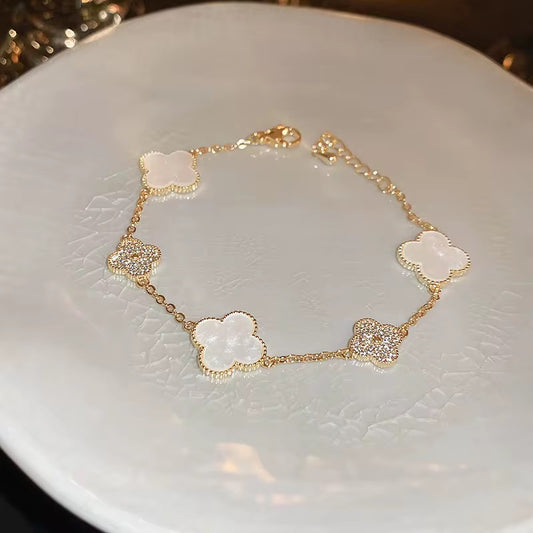 White Pearl Blush Clover Pave Bracelet