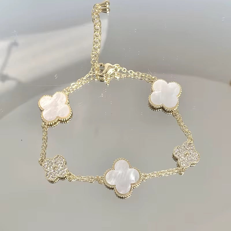 White Pearl Blush Clover Pave Bracelet