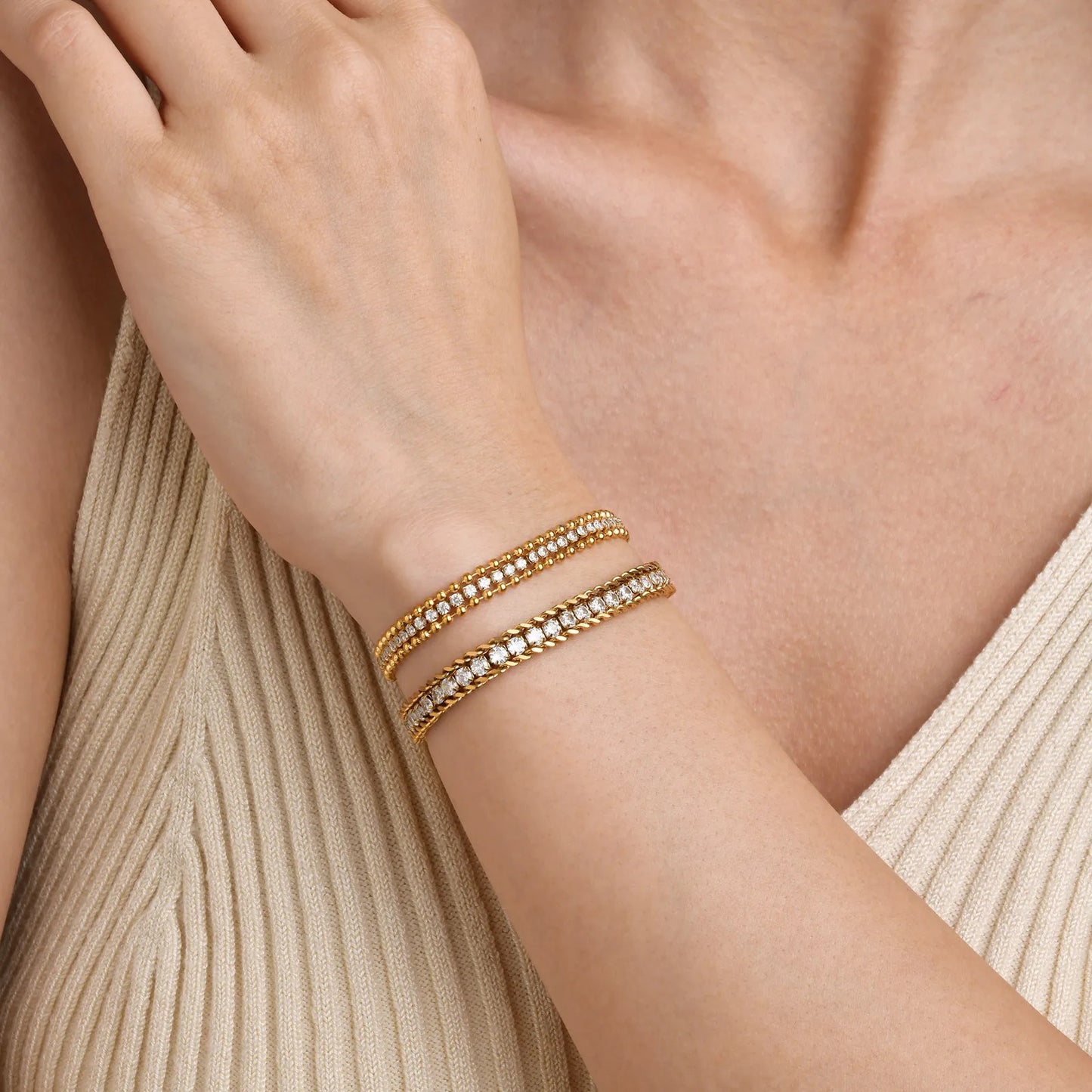 Gold Bead Edged Tennis Bracelet (Stainless Steel)