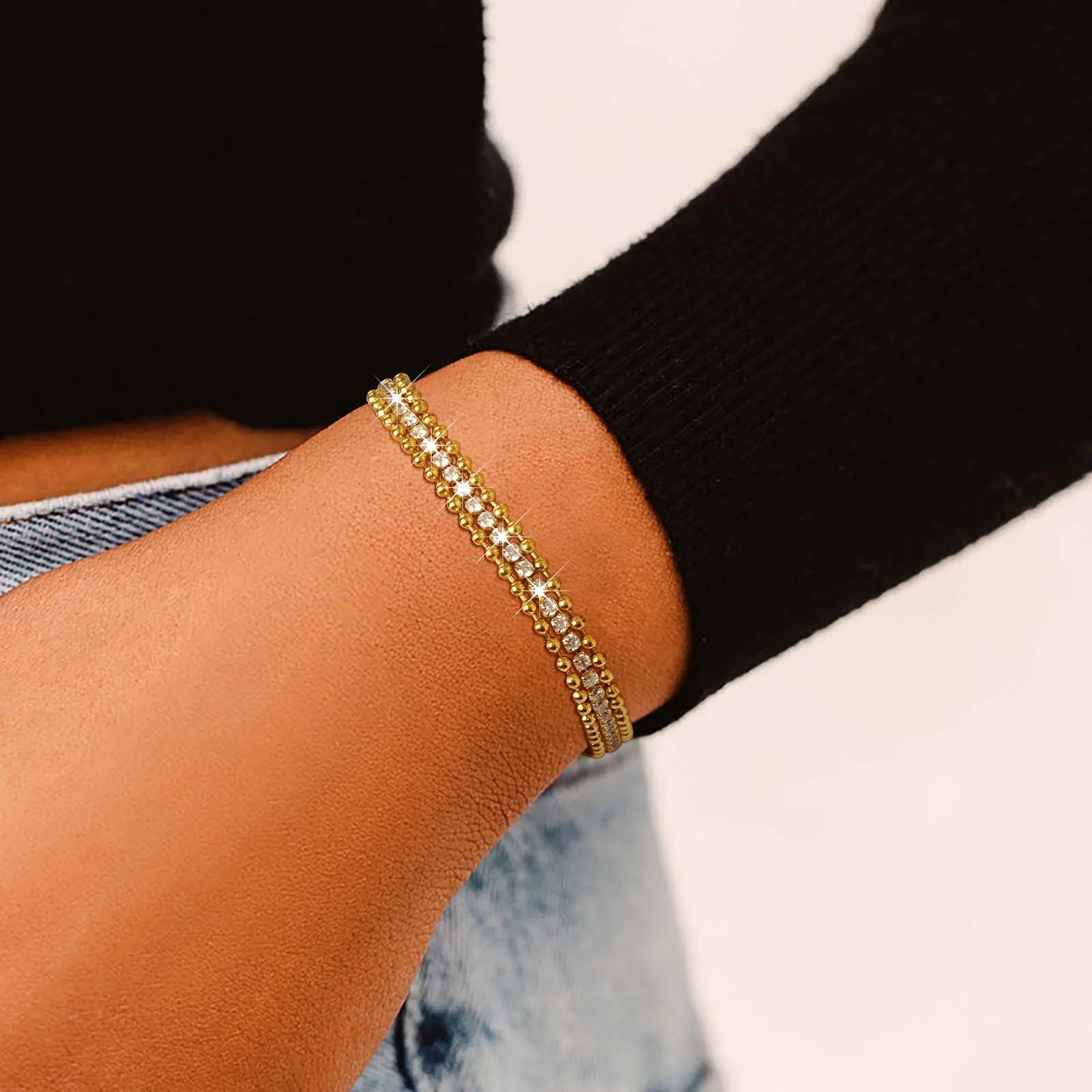 Gold Bead Edged Tennis Bracelet (Stainless Steel)
